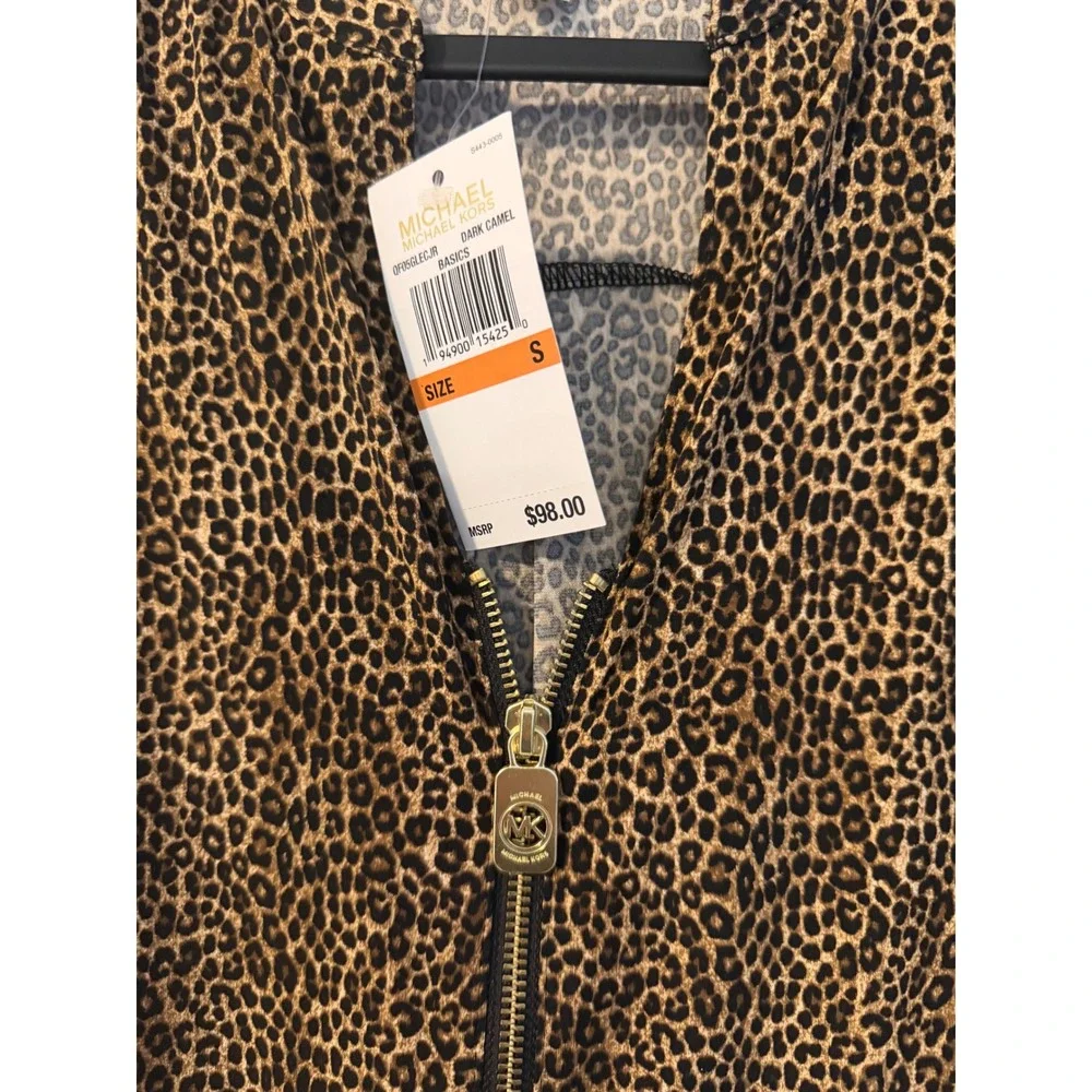 Michael Kors Leopard Print Blouse NWT Women Size S Dark Camel Zip Roll Tab Top